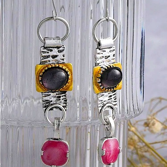 Silver Geometric Stone Boho Vintage Drop Dangle Earrings - Picture 2 of 4